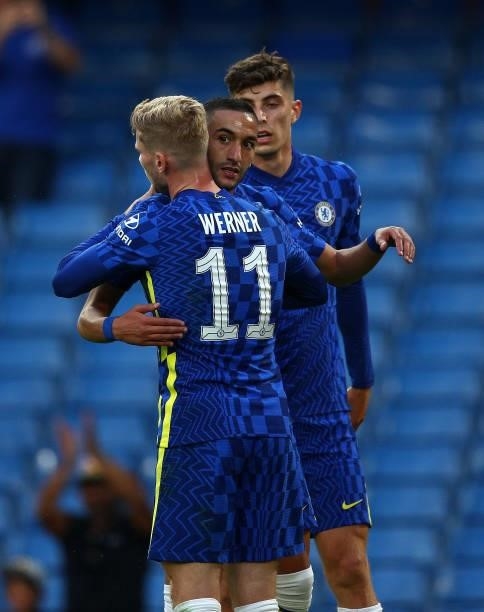 Hakim Ziyech of Chelsea is congartulated fater scoring their first goal by Timo Werner of Chelsea and Kai Havertz of Chelsea during the Pre-Season...