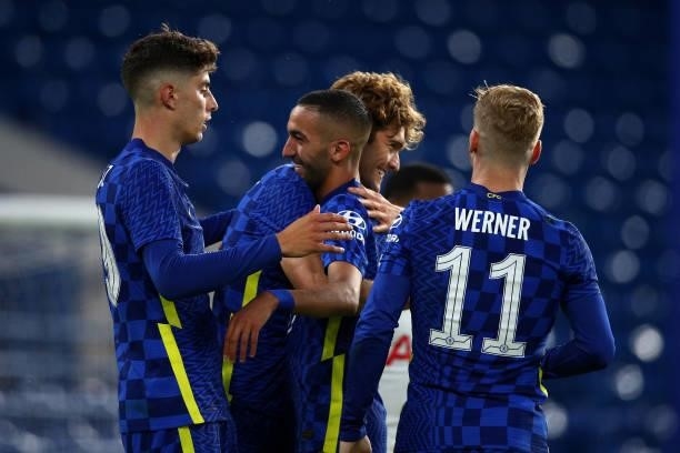 Hakim Ziyech of Chelsea is congratulated by Marcos Alonso of Chelsea after he scores their second goal during the Pre-Season Friendly match between...