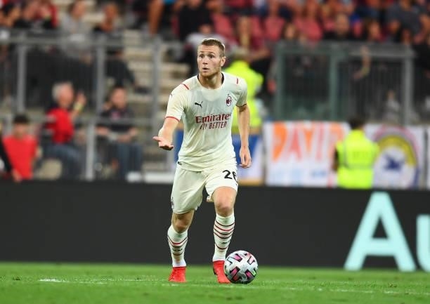 Tommaso Pobega of AC Milan in action during the pre-season friendly match between Real Madrid and AC Milan at Worthersee Stadion on August 08, 2021...