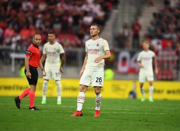 Tommaso Pobega of AC Milan in action during the pre-season friendly match between Real Madrid and AC Milan at Worthersee Stadion on August 08, 2021...