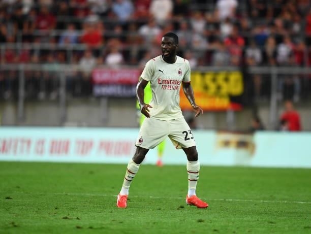 Fikayo Tomori of AC Milan in action during the pre-season friendly match between Real Madrid and AC Milan at Worthersee Stadion on August 08, 2021 in...