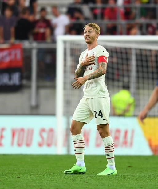 Simon Kjaer of AC Milan in action during the pre-season friendly match between Real Madrid and AC Milan at Worthersee Stadion on August 08, 2021 in...