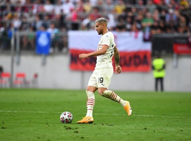 Theo Hernandez of AC Milan in action during the pre-season friendly match between Real Madrid and AC Milan at Worthersee Stadion on August 08, 2021...