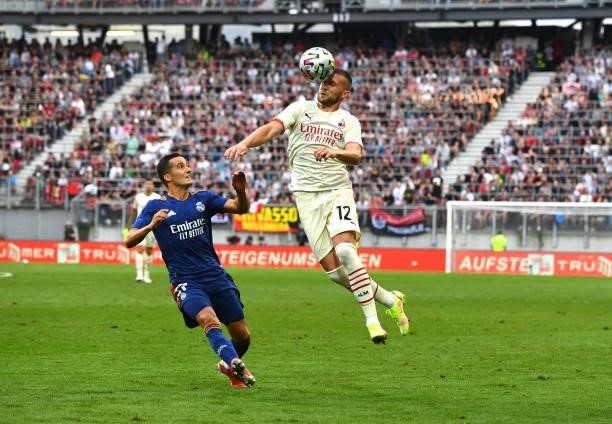 Ante Rebic of AC Milan in action during the pre-season friendly match between Real Madrid and AC Milan at Worthersee Stadion on August 08, 2021 in...