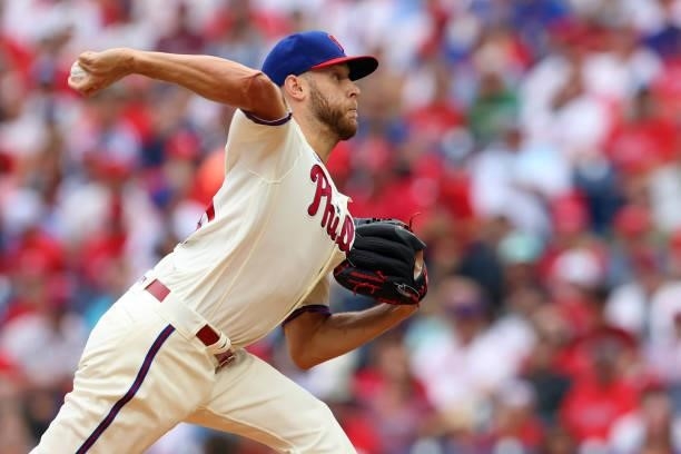 Pitcher Zack Wheeler of the Philadelphia Phillies delivers a pitch against the New York Mets during the first inning of a game at Citizens Bank Park...