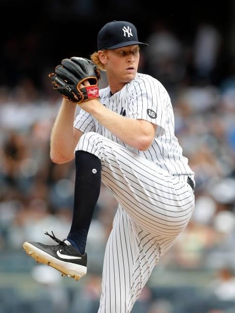 Stephen Ridings of the New York Yankees in action against the Seattle Mariners at Yankee Stadium on August 08, 2021 in New York City. The Mariners...