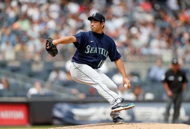 Yusei Kikuchi of the Seattle Mariners in action against the New York Yankees at Yankee Stadium on August 08, 2021 in New York City. The Mariners...