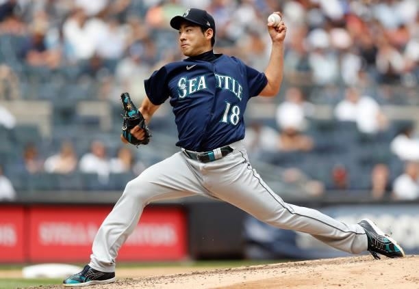 Yusei Kikuchi of the Seattle Mariners in action against the New York Yankees at Yankee Stadium on August 08, 2021 in New York City. The Mariners...