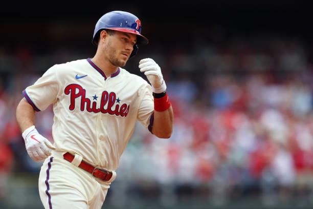 Realmuto of the Philadelphia Phillies rounds the bases after he hit a home run against the New York Mets during the first inning of a game at...