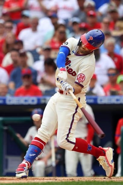 Bryce Harper of the Philadelphia Phillies in action against the New York Mets during a game at Citizens Bank Park on August 8, 2021 in Philadelphia,...