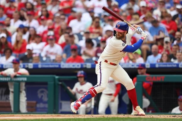Bryce Harper of the Philadelphia Phillies in action against the New York Mets during a game at Citizens Bank Park on August 8, 2021 in Philadelphia,...