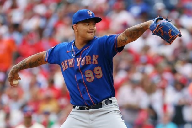 Taijuan Walker of the New York Mets in action against the Philadelphia Phillies during a game at Citizens Bank Park on August 8, 2021 in...