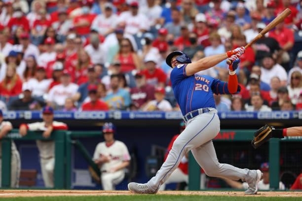 Pete Alonso of the New York Mets in action against the Philadelphia Phillies during a game at Citizens Bank Park on August 8, 2021 in Philadelphia,...