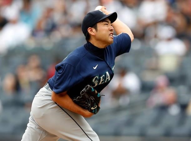 Yusei Kikuchi of the Seattle Mariners pitches in the second inning against the New York Yankees at Yankee Stadium on August 08, 2021 in New York...