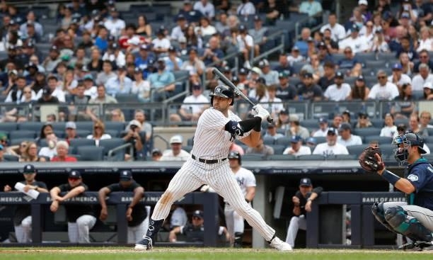 Joey Gallo of the New York Yankees in action against the Seattle Mariners at Yankee Stadium on August 08, 2021 in New York City. The Mariners...