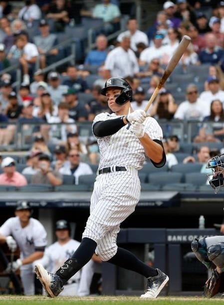 Aaron Judge of the New York Yankees in action against the Seattle Mariners at Yankee Stadium on August 08, 2021 in New York City. The Mariners...