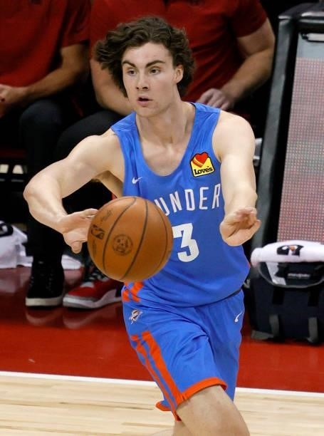 Josh Giddey of the Oklahoma City Thunder passes against the Detroit Pistons during the 2021 NBA Summer League at the Thomas & Mack Center on August...
