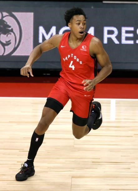 Scottie Barnes of the Toronto Raptors runs up the court against the New York Knicks during the 2021 NBA Summer League at the Thomas & Mack Center on...