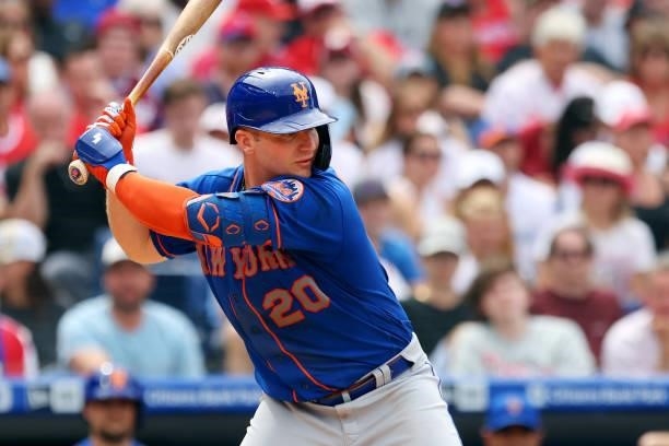 Pete Alonso of the New York Mets in action against the Philadelphia Phillies during a game at Citizens Bank Park on August 8, 2021 in Philadelphia,...