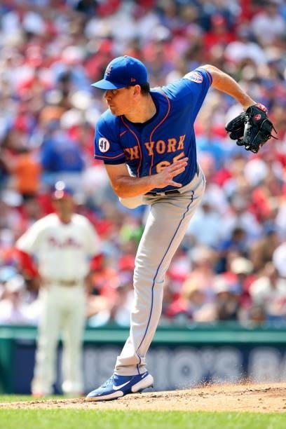 Trevor May of the New York Mets in action against the Philadelphia Phillies during a game at Citizens Bank Park on August 8, 2021 in Philadelphia,...
