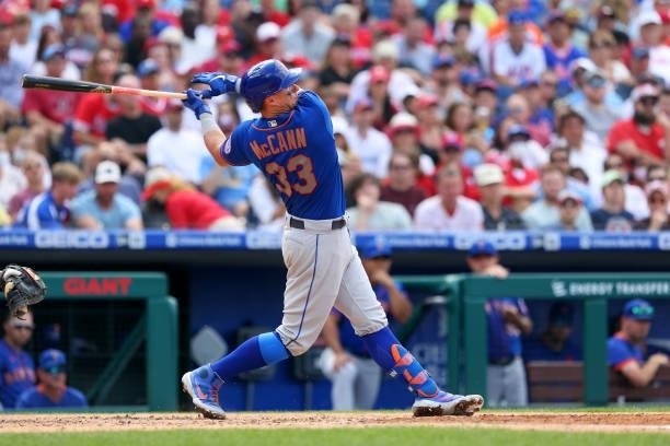 James McCann of the New York Mets in action against the Philadelphia Phillies during a game at Citizens Bank Park on August 8, 2021 in Philadelphia,...