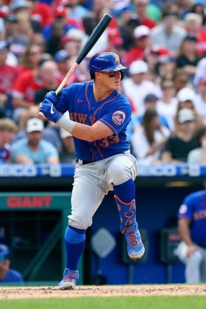James McCann of the New York Mets in action against the Philadelphia Phillies during a game at Citizens Bank Park on August 8, 2021 in Philadelphia,...