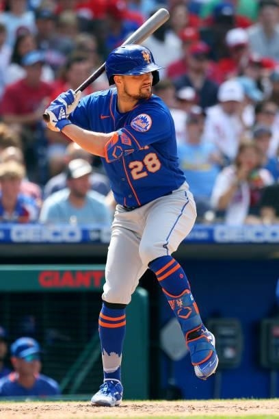 Davis of the New York Mets in action against the Philadelphia Phillies during a game at Citizens Bank Park on August 8, 2021 in Philadelphia,...