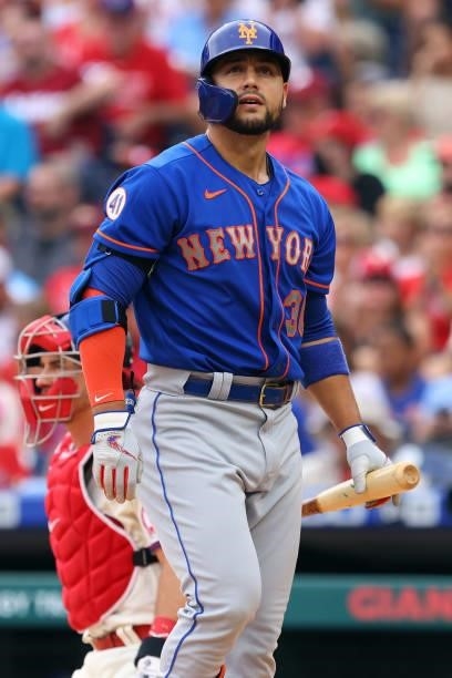 Michael Conforto of the New York Mets in action against the Philadelphia Phillies during a game at Citizens Bank Park on August 8, 2021 in...