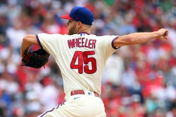Zack Wheeler of the Philadelphia Phillies in action against the New York Mets during a game at Citizens Bank Park on August 8, 2021 in Philadelphia,...
