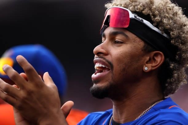 Francisco Lindor of the New York Mets in action against the Philadelphia Phillies during a game at Citizens Bank Park on August 8, 2021 in...