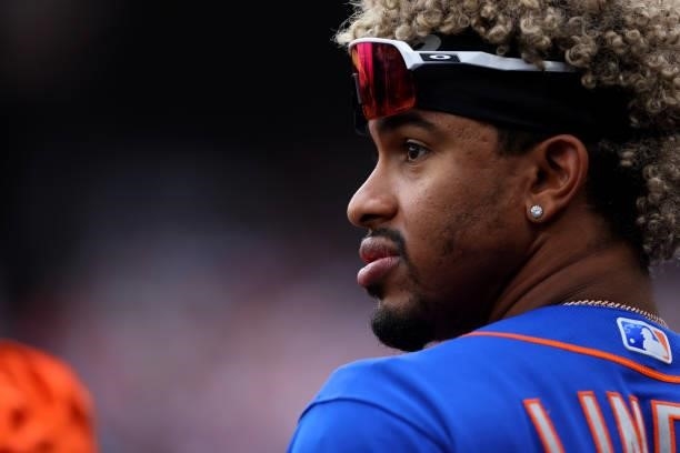 Francisco Lindor of the New York Mets in action against the Philadelphia Phillies during a game at Citizens Bank Park on August 8, 2021 in...