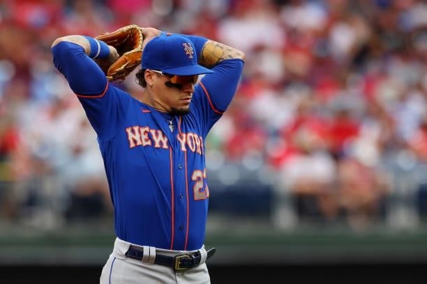 Javier Baez of the New York Mets in action against the Philadelphia Phillies during a game at Citizens Bank Park on August 8, 2021 in Philadelphia,...