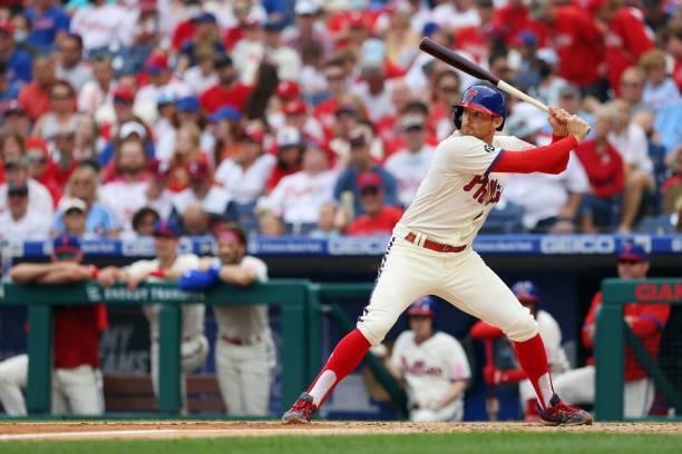 Brad Miller of the Philadelphia Phillies in action against the New York Mets during a game at Citizens Bank Park on August 8, 2021 in Philadelphia,...
