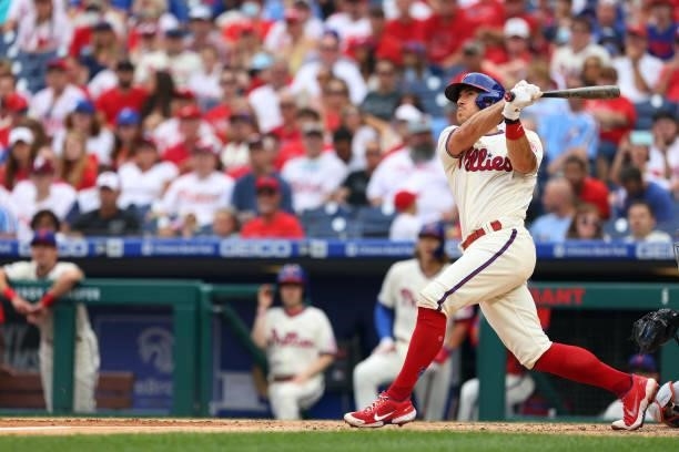 Realmuto of the Philadelphia Phillies in action against the New York Mets during a game at Citizens Bank Park on August 8, 2021 in Philadelphia,...