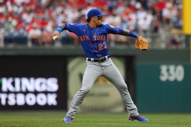 Javier Baez of the New York Mets in action against the Philadelphia Phillies during a game at Citizens Bank Park on August 8, 2021 in Philadelphia,...