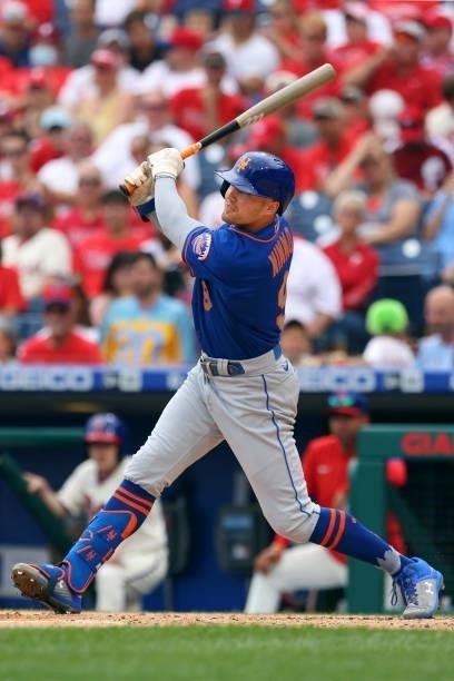 Brandon Nimmo of the New York Mets in action against the Philadelphia Phillies during a game at Citizens Bank Park on August 8, 2021 in Philadelphia,...