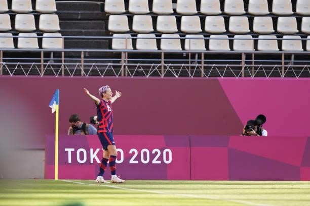 Megan Rapinoe of the United States celebrates after score a goal for his team before a game between Australia and USWNT at Kashima Soccer Stadium on...