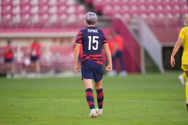 Megan Rapinoe of the United States celebrates scoring a goal for his team during a game between Australia and USWNT at Kashima Soccer Stadium on...