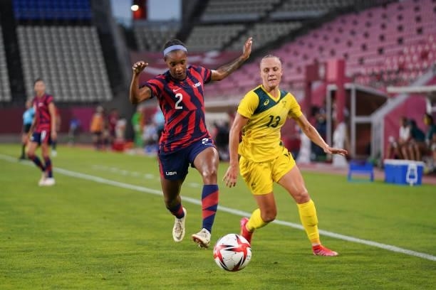 Crystal Dunn of the United States battles for the ball with Tameka Yallop of Australia during a game between Australia and USWNT at Kashima Soccer...