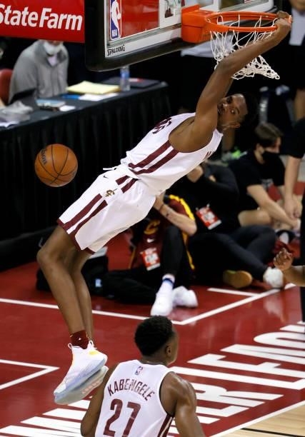 Evan Mobley of the Cleveland Cavaliers dunks against the Houston Rockets during the 2021 NBA Summer League at the Thomas & Mack Center on August 8,...