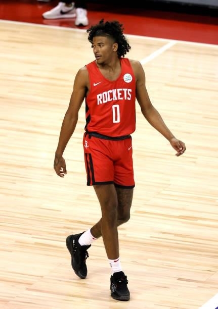 Jalen Green of the Houston Rockets walks on the court during a game against the Cleveland Cavaliers during the 2021 NBA Summer League at the Thomas &...