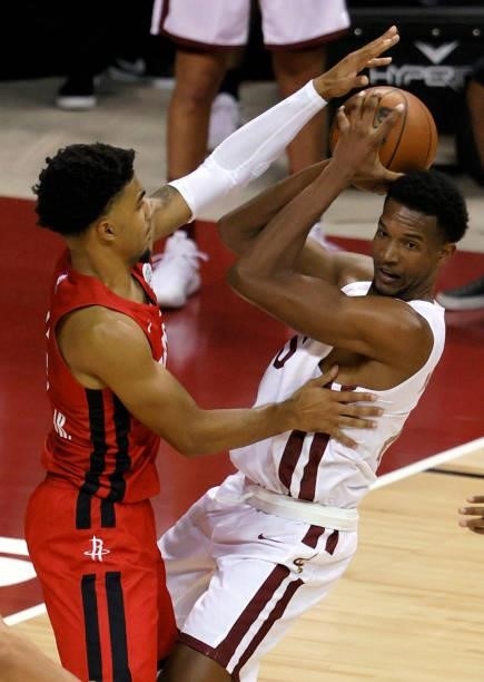 Evan Mobley of the Cleveland Cavaliers is guarded by KJ Martin of the Houston Rockets during the 2021 NBA Summer League at the Thomas & Mack Center...