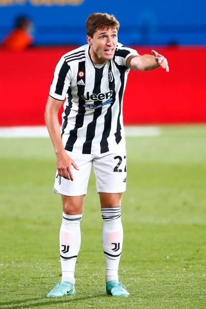Federico Chiesa of Juventus FC gestures during the Joan Gamper Trophy match between FC Barcelona and Juventus at Estadi Johan Cruyff on August 08,...