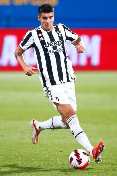 Alvaro Morata of Juventus FC runs with the ball during the Joan Gamper Trophy match between FC Barcelona and Juventus at Estadi Johan Cruyff on...