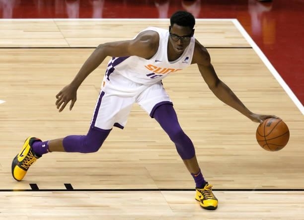 Jalen Smith of the Phoenix Suns grabs a loose ball against the Los Angeles Lakers during the 2021 NBA Summer League at the Thomas & Mack Center on...