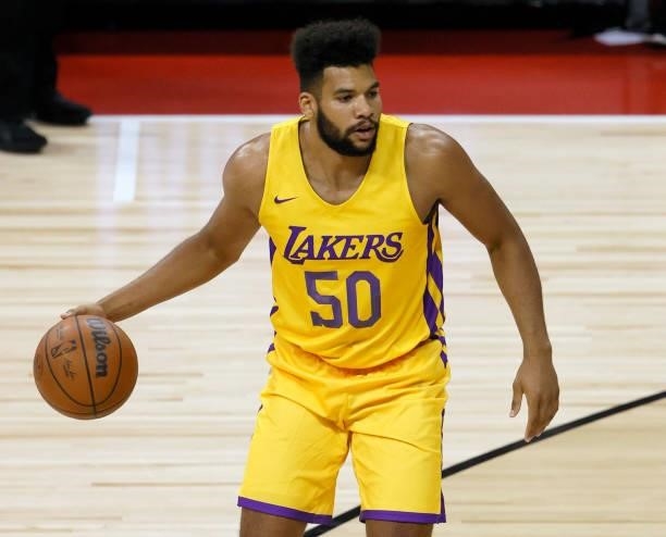 Yoeli Childs the Los Angeles Lakers brings the ball up the court against the Phoenix Suns during the 2021 NBA Summer League at the Thomas & Mack...