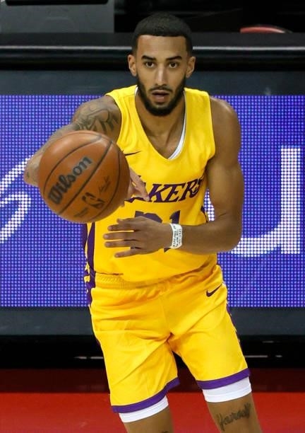 Trevelin Queen of the Los Angeles Lakers passes against the Phoenix Suns during the 2021 NBA Summer League at the Thomas & Mack Center on August 8,...
