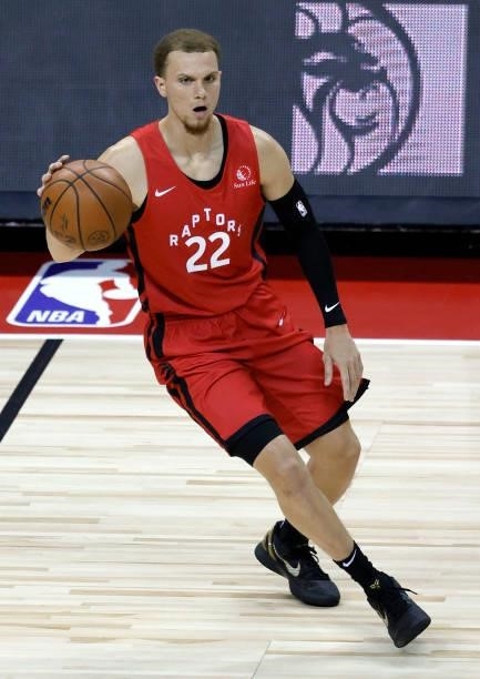 Malachi Flynn of the Toronto Raptors brings the ball up the court against the New York Knicks during the 2021 NBA Summer League at the Thomas & Mack...