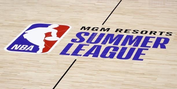 Summer league logo is shown on center court during a game between the Cleveland Cavaliers and the Houston Rockets during the 2021 NBA Summer League...