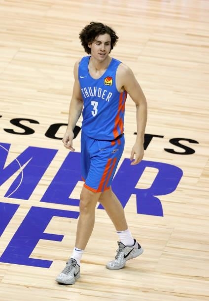 Josh Giddey of the Oklahoma City Thunder walks on the court after injuring his ankle driving against the Detroit Pistons during the 2021 NBA Summer...